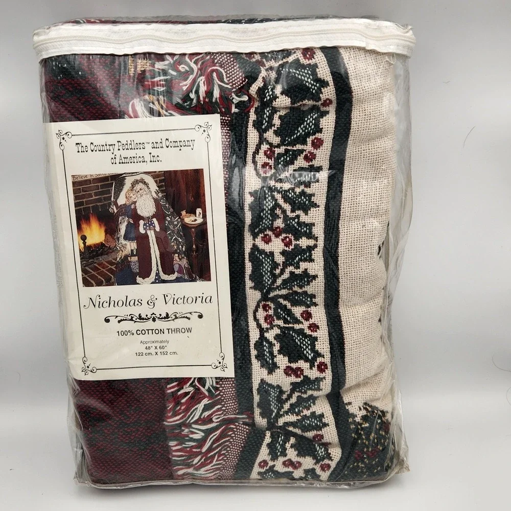 Country Peddlers Christmas Tapestry Throw Blanket St Nick Santa Child Americana